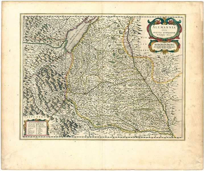 Karte von Oberschwaben "Alemannia sive Suevia Superior (Alemannien oder Oberschwaben)", abgedruckt um 1645 im Atlas Maior.