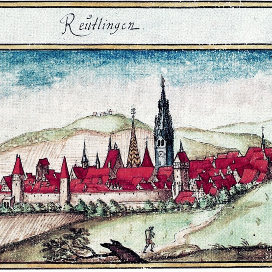 Stadtansicht Reutlingen. Andreas Kieser: Tübinger Forstlagerbuch 1700, Blatt 17.